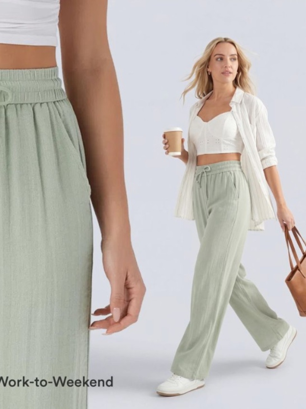 HALARA high-waisted drawstring Wide-Leg Pants linen-like pockets